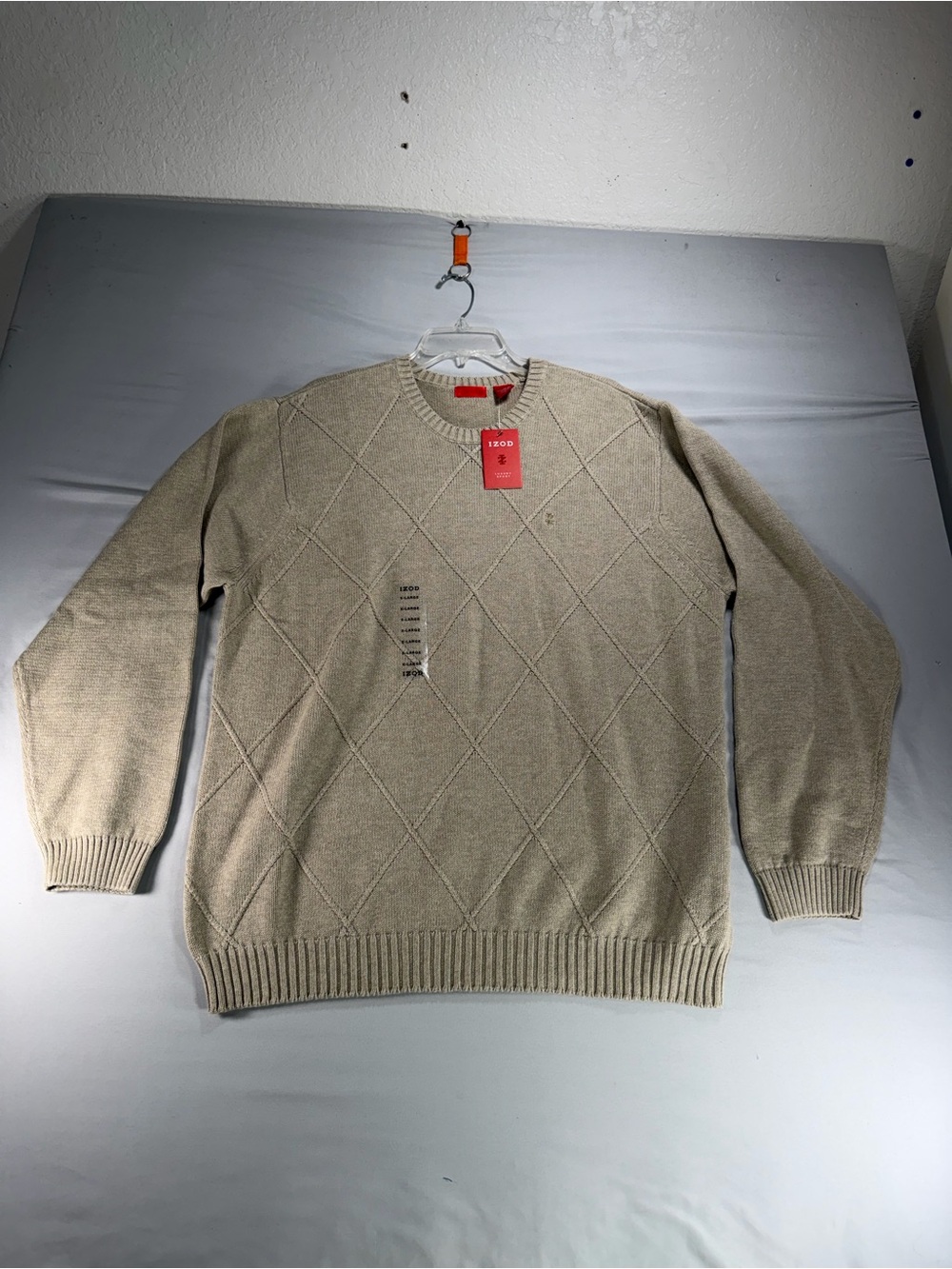 IZOD Mens Crewneck Sweater XL NWT Beige Oatmeal Diamond Lattice Textured Knit